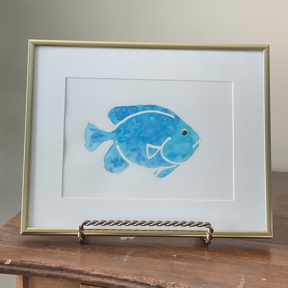 Vintage Blue Fish Watercolor Signed Original Art